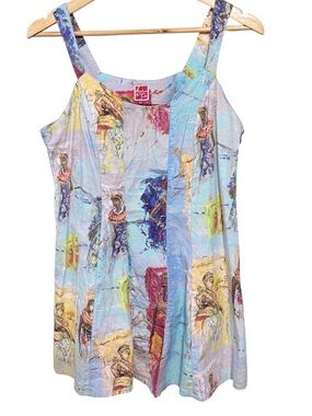 ADVENTURE DES TOILES French Art Pastel Blue Print A-Line Sundress Sz 44 EU